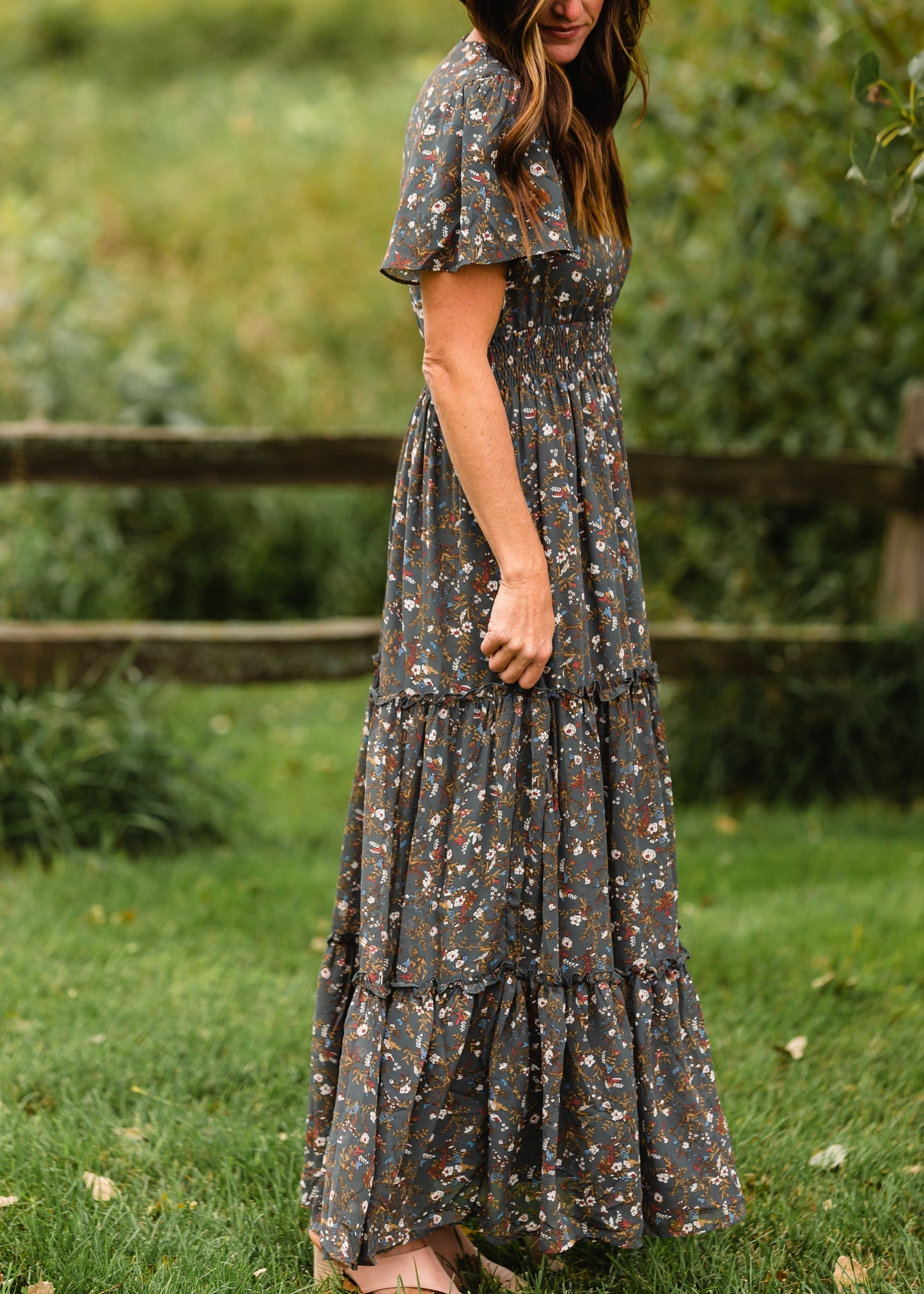 Eden Sage Floral Ruffle Sleeve Maxi Dress - FINAL SALE