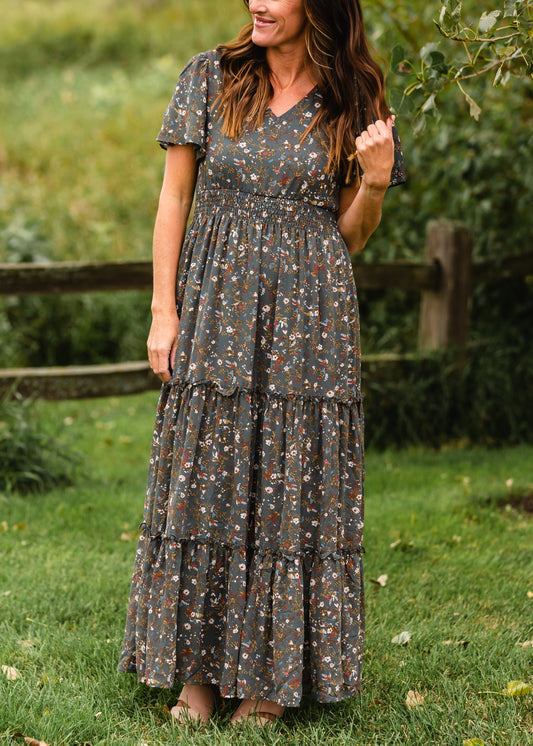 Eden Sage Floral Ruffle Sleeve Maxi Dress - FINAL SALE
