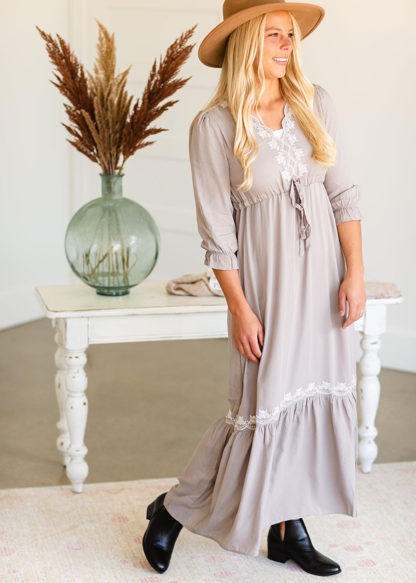 Gray Embroidered Tie Waist Maxi Dress - FINAL SALE