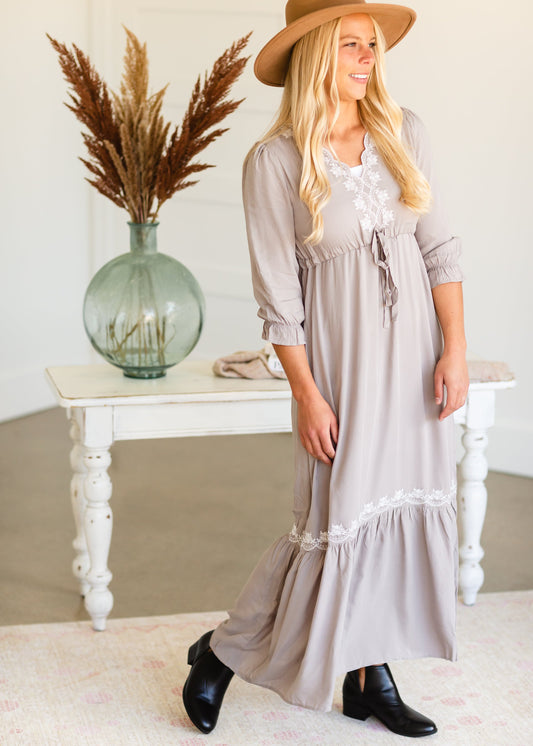 Gray Embroidered Tie Waist Maxi Dress - FINAL SALE