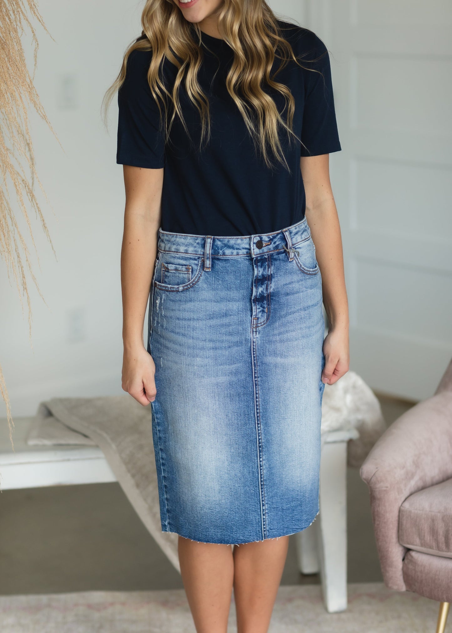 Light Wash Denim Classic Midi Skirt