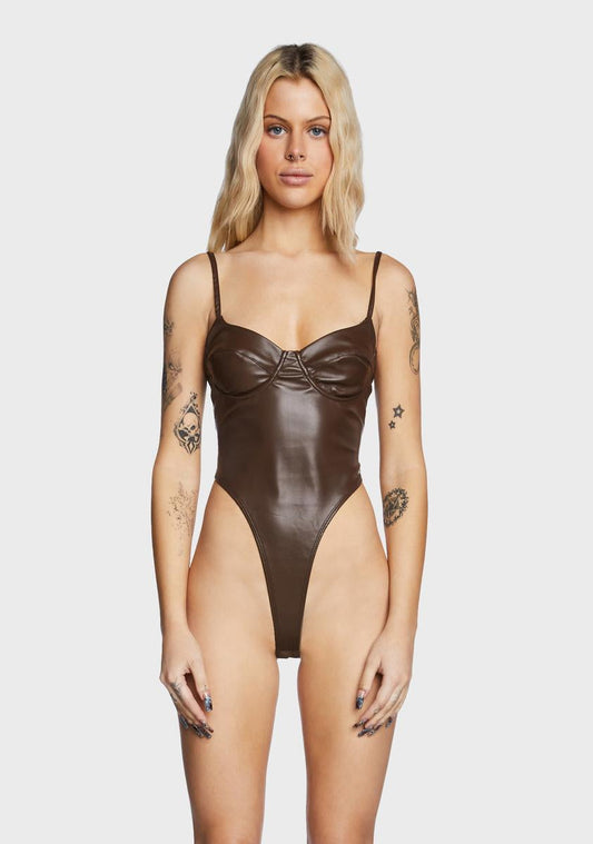 High-Cut Faux Leather Cupped Bodysuit