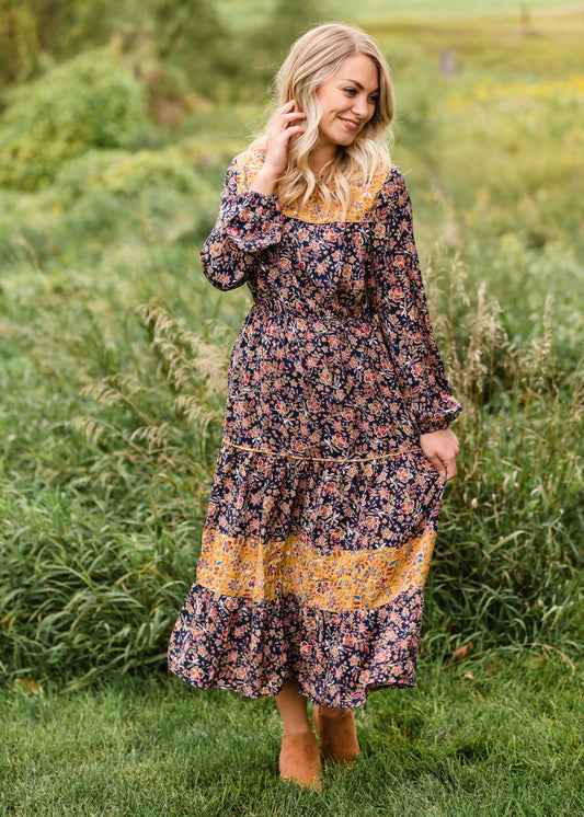 Navy Floral Prairie Peasant Midi Dress - FINAL SALE
