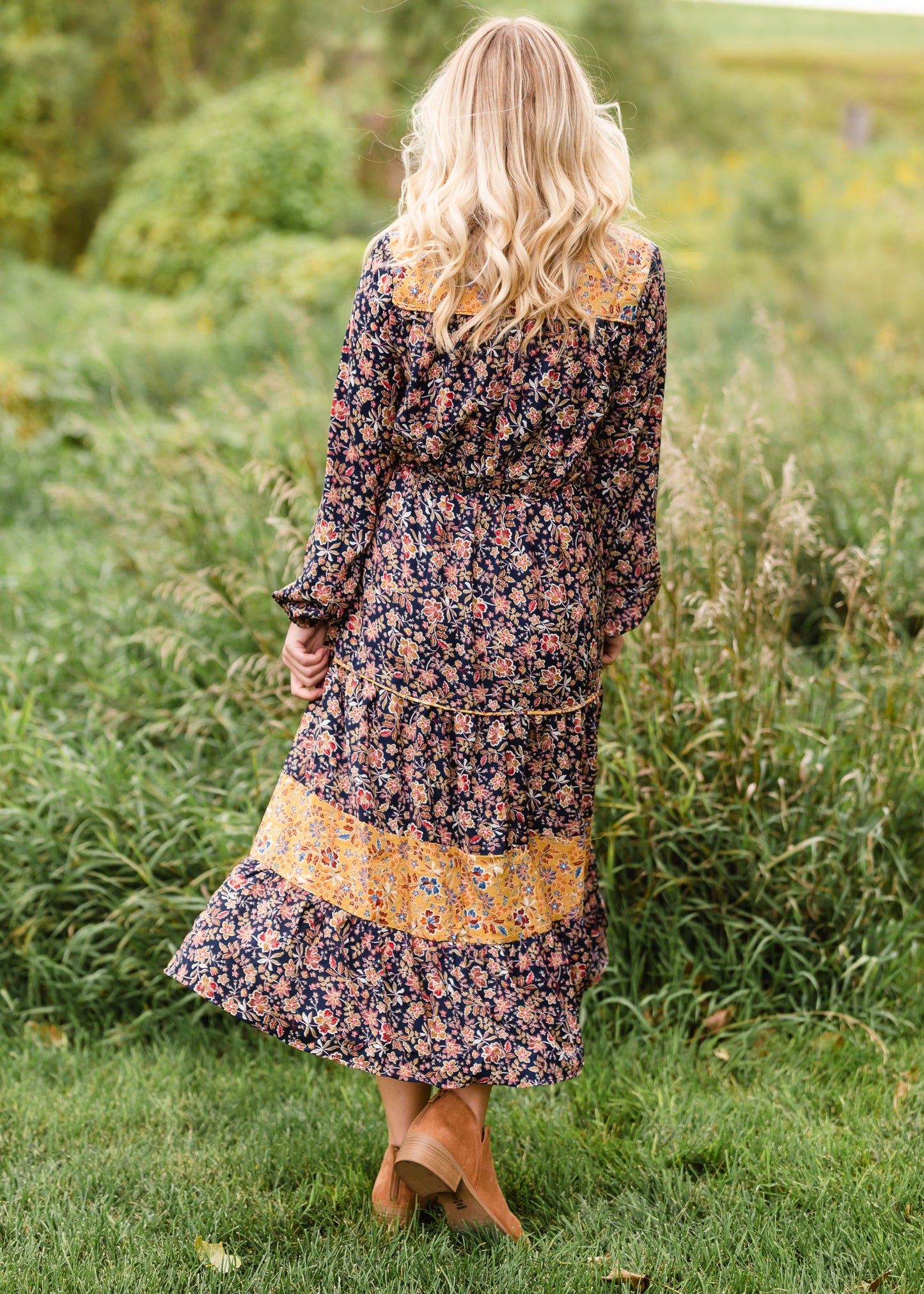 Navy Floral Prairie Peasant Midi Dress - FINAL SALE