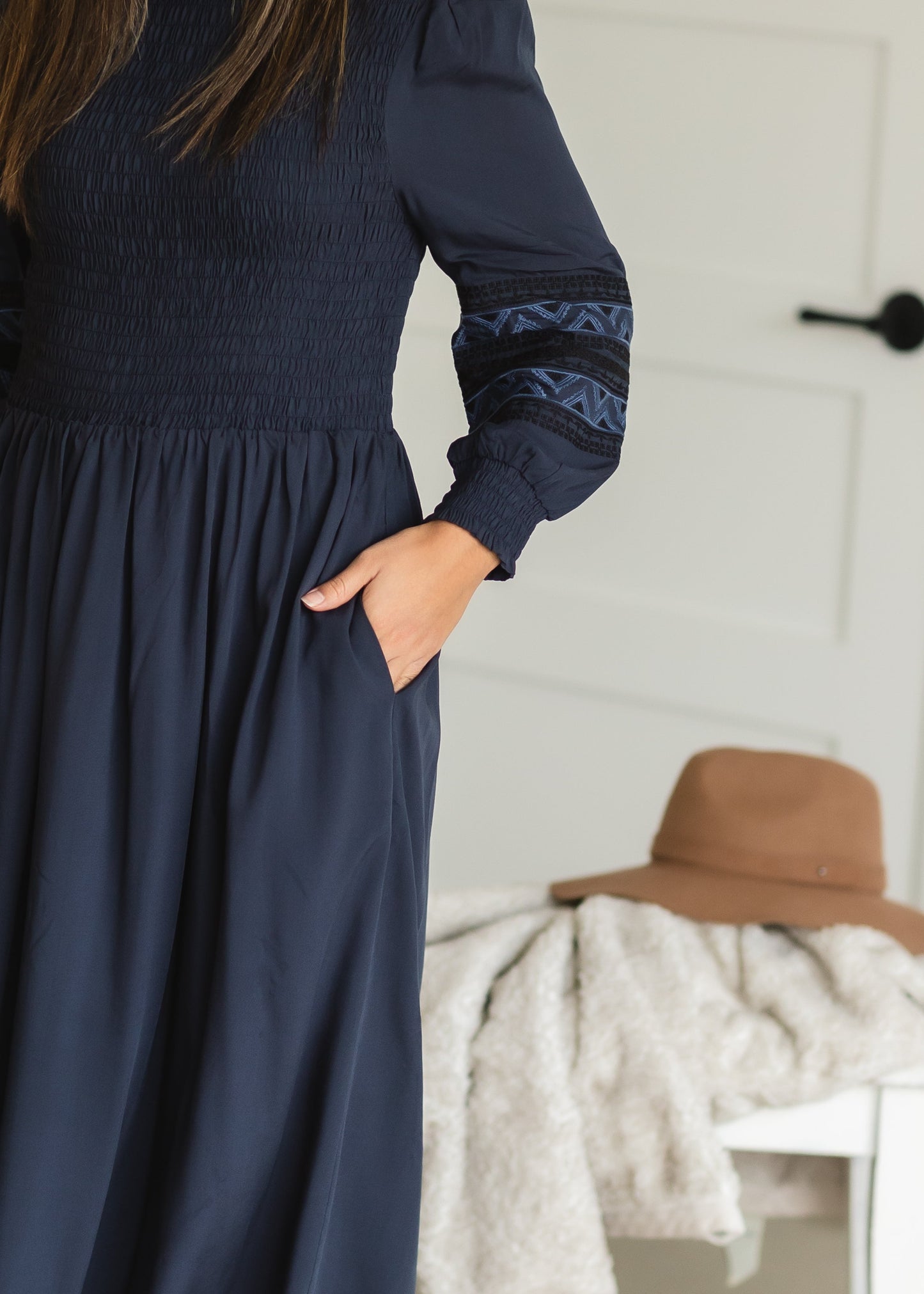Navy Smocked Embroidered Midi Dress - FINAL SALE