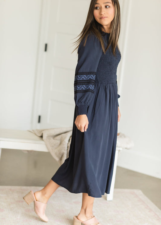 Navy Smocked Embroidered Midi Dress - FINAL SALE