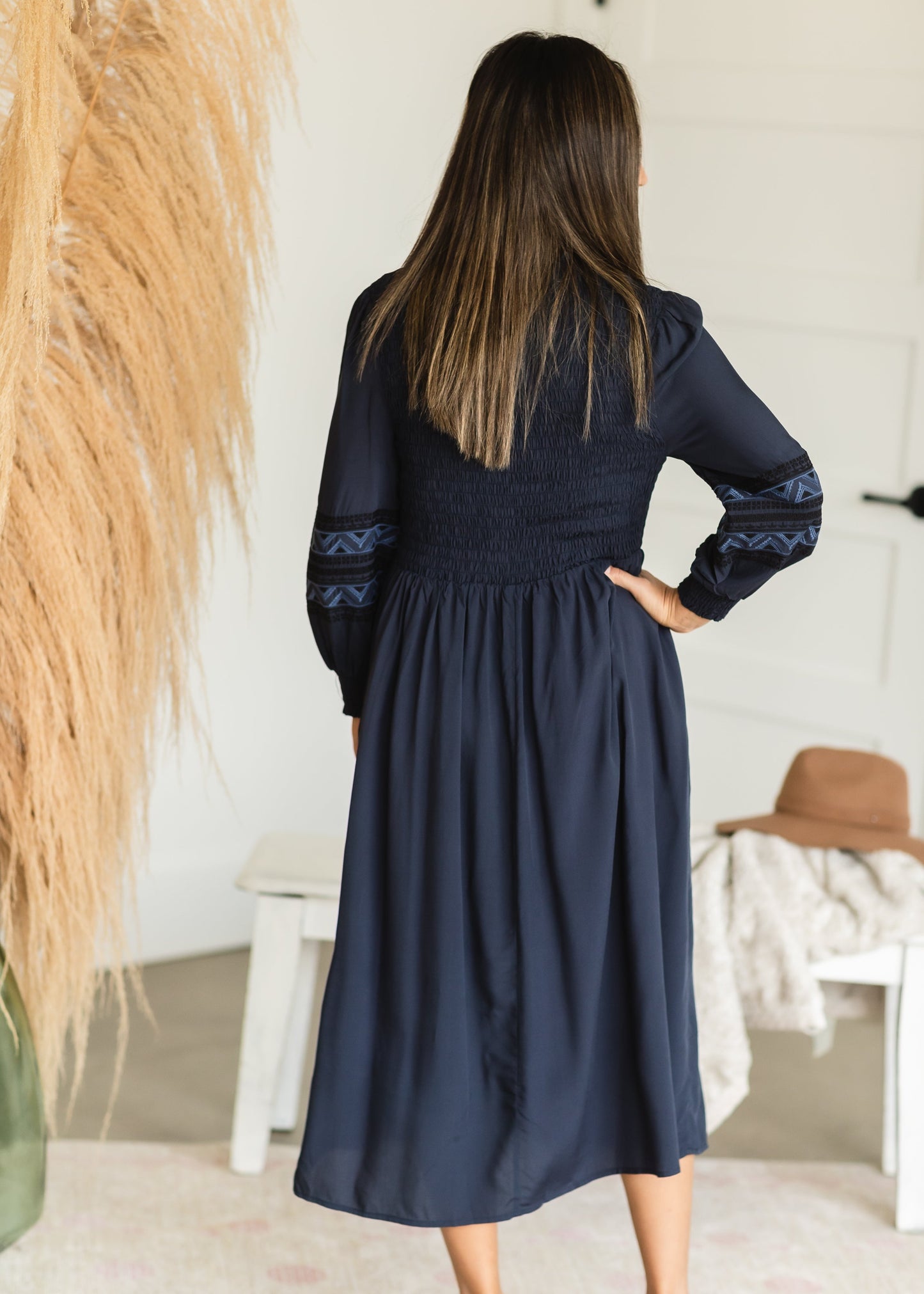 Navy Smocked Embroidered Midi Dress - FINAL SALE