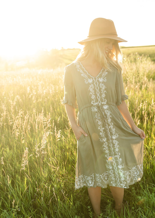 Olive Embroidered Tie Waist V Neck Midi Dress - FINAL SALE