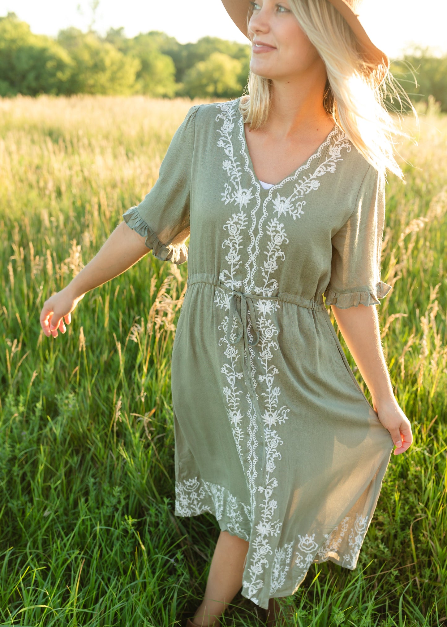 Olive Embroidered Tie Waist V Neck Midi Dress - FINAL SALE