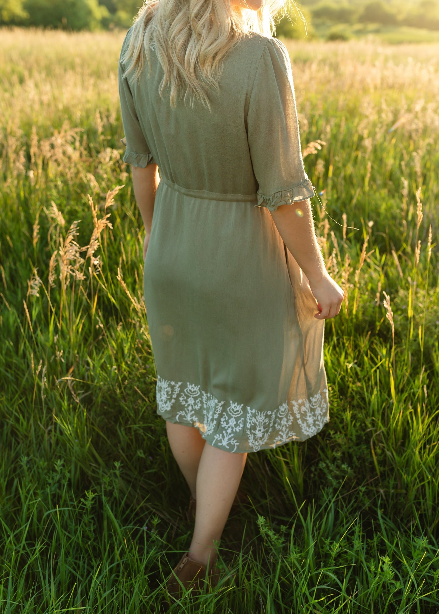 Olive Embroidered Tie Waist V Neck Midi Dress - FINAL SALE