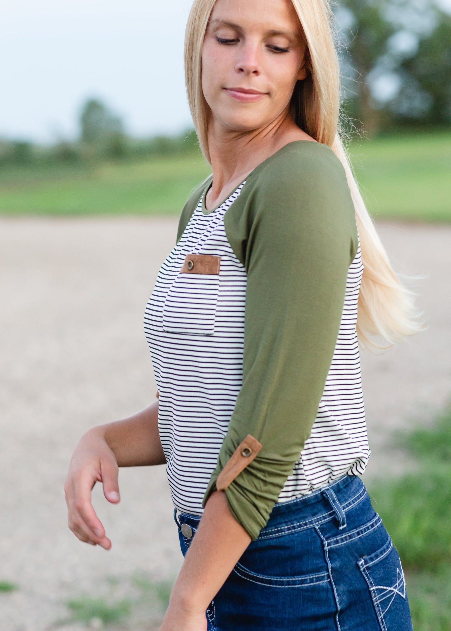 Olive Striped Suede Pocket Raglan