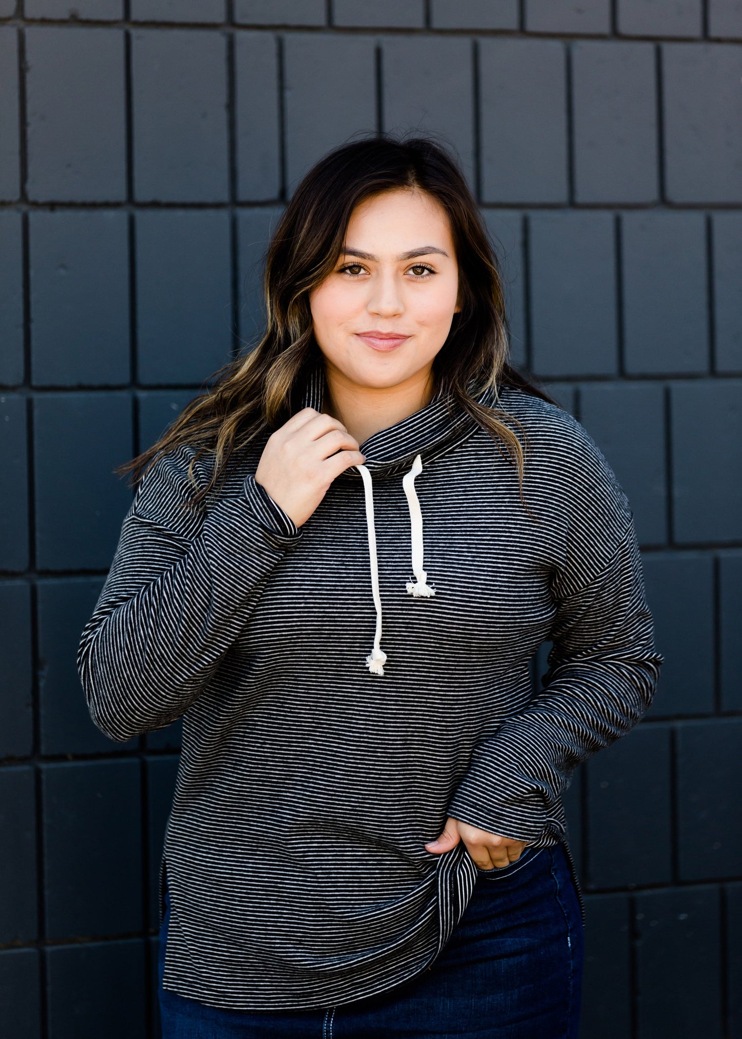 Pinstripe Mock Neck Knit Top