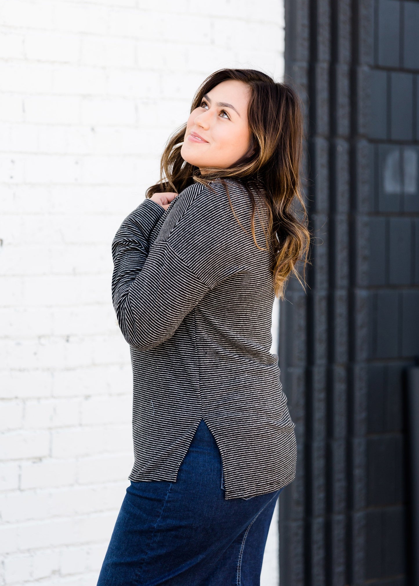 Pinstripe Mock Neck Knit Top