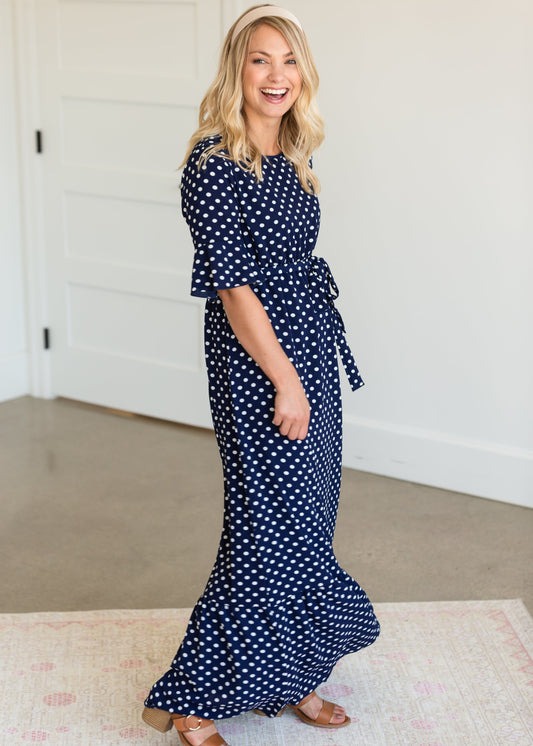 Polka Dot Trumpet Sleeve Maxi Dress - FINAL SALE