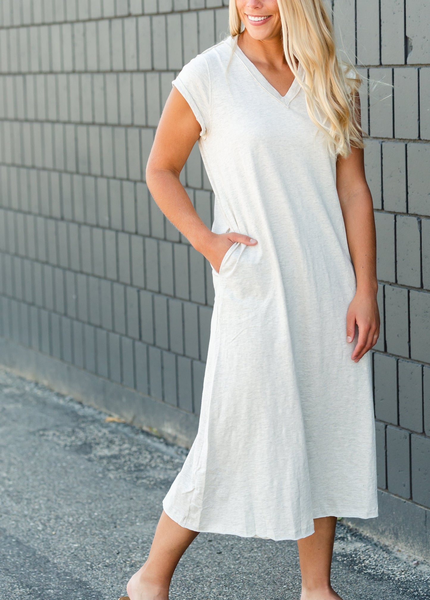 Raw Hem V-Neck Oatmeal Dress