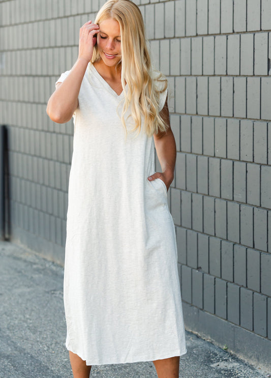 Raw Hem V-Neck Oatmeal Dress
