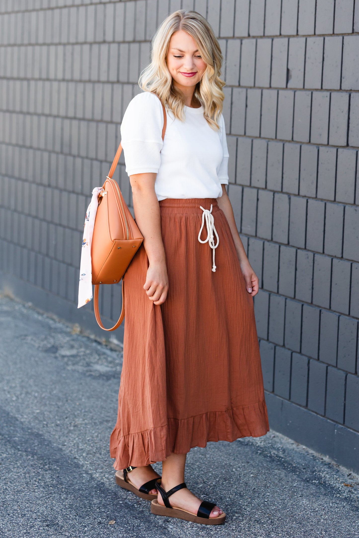 Rust Ruffle Hem Stretch Waist Midi Skirt