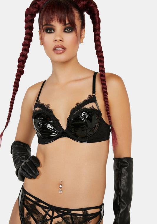 x Hustler Brea Black Cut Out PVC & Lace Trim Balconette Bra