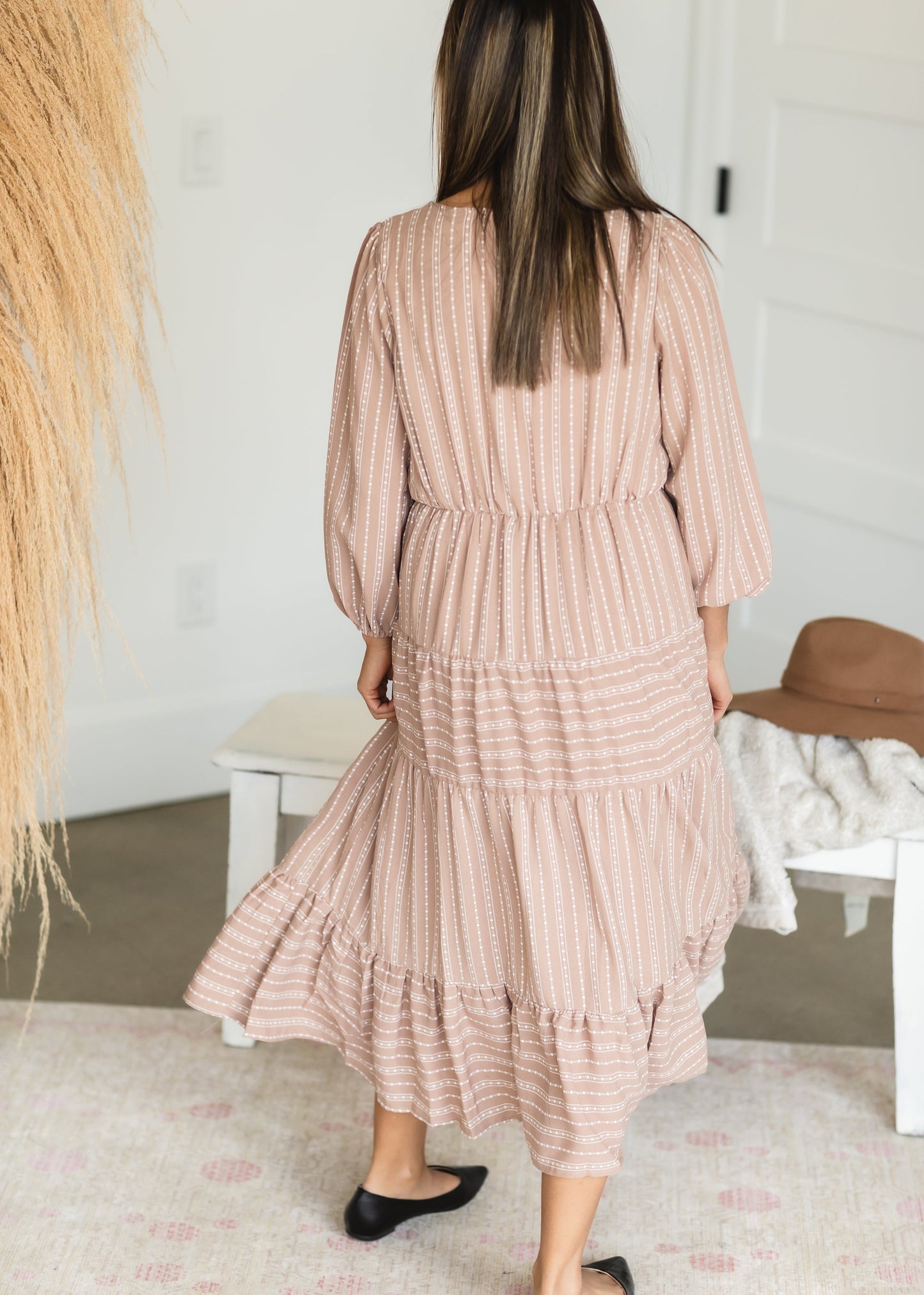 Taupe V Neck Tiered Midi Dress - FINAL SALE