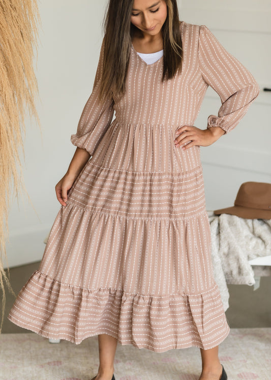 Taupe V Neck Tiered Midi Dress - FINAL SALE
