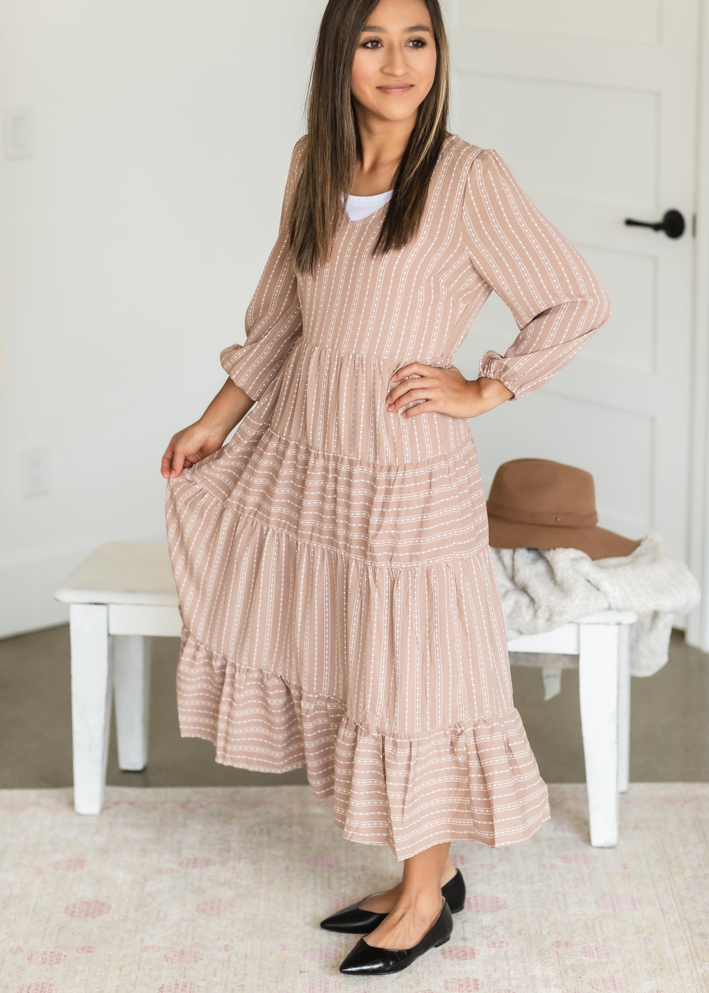 Taupe V Neck Tiered Midi Dress - FINAL SALE