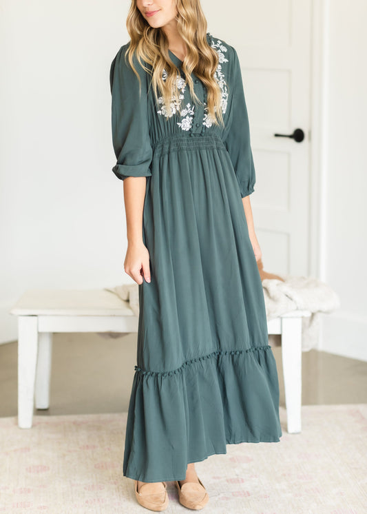 Teal Pom Pom Embroidered Maxi Dress