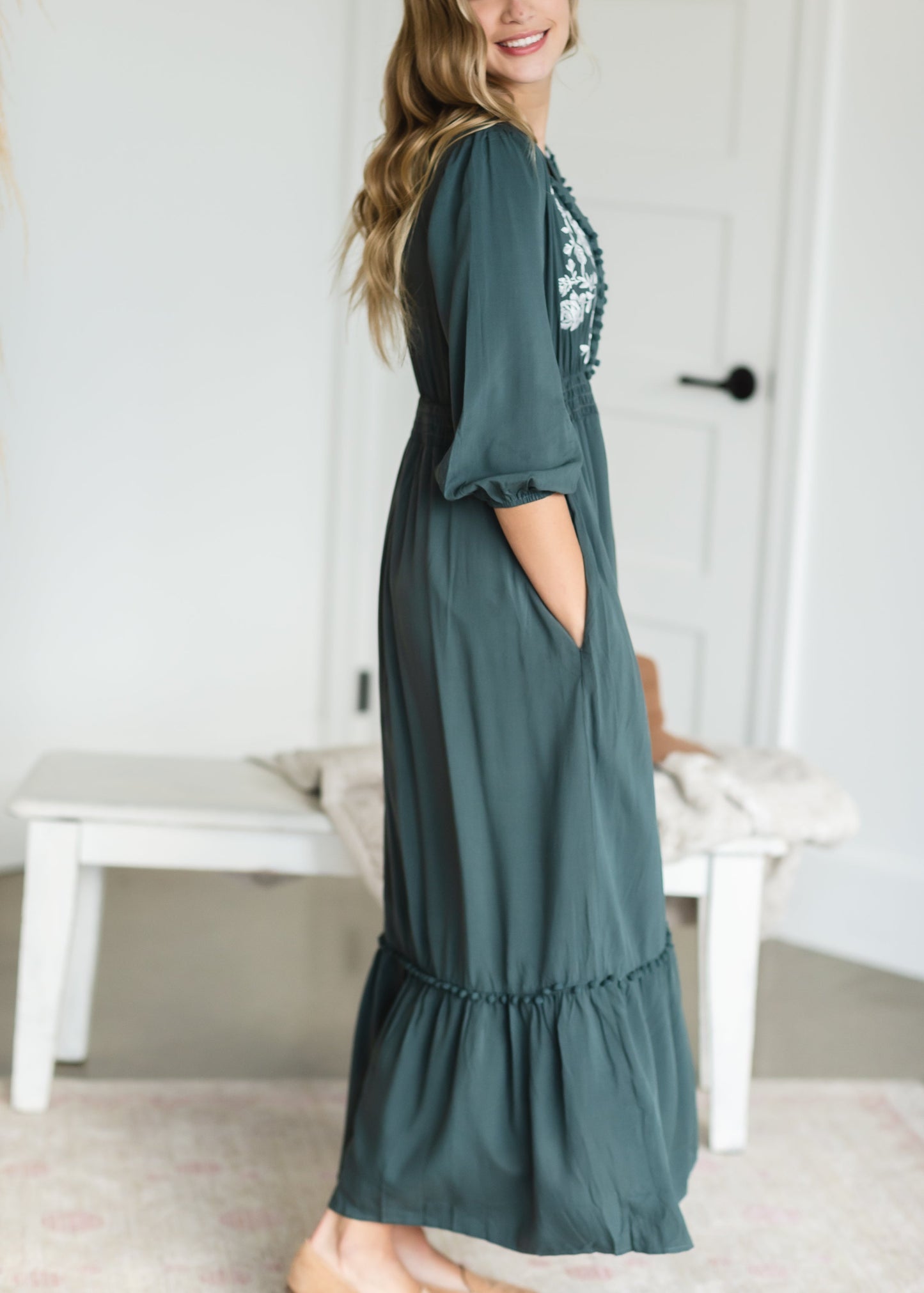 Teal Pom Pom Embroidered Maxi Dress