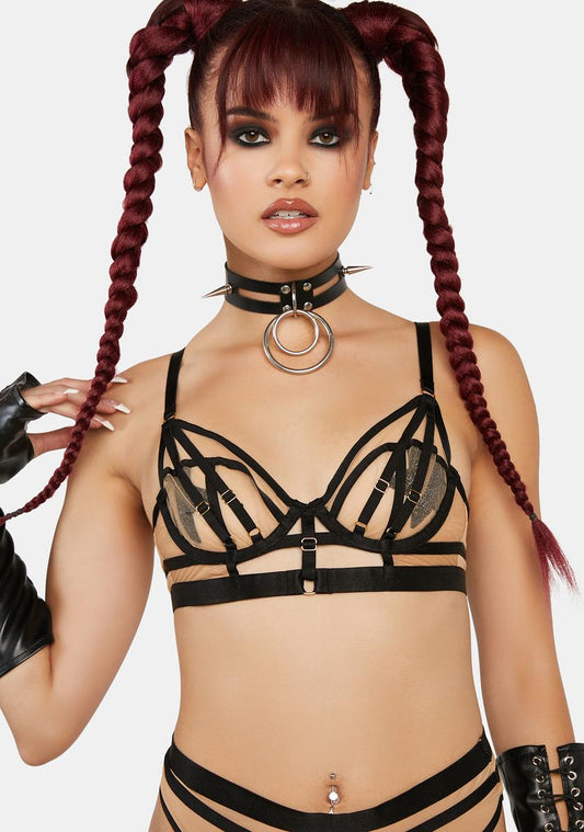 x Hustler Willa Black Thick Strap Illusion Mesh Longline Bra